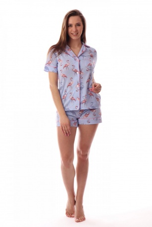 Пижама женская голубая с фламинго (шорты)