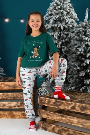 Пижама для девочки новогодняя family look Каникулы-1 зеленый