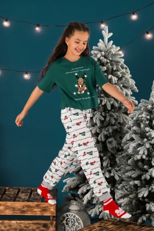 Пижама для девочки новогодняя family look Каникулы-1 зеленый