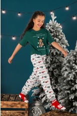 Пижама для девочки новогодняя family look Каникулы-1 зеленый