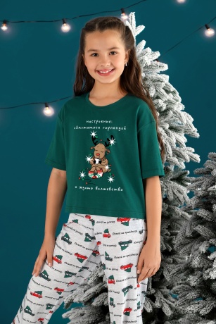 Пижама для девочки новогодняя family look Каникулы-1 зеленый