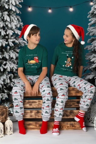 Пижама для девочки новогодняя family look Каникулы-1 зеленый