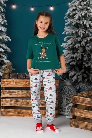 Пижама для девочки новогодняя family look Каникулы-1 зеленый