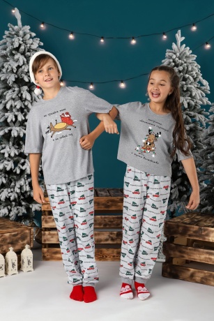 Пижама новогодняя для девочки family look Каникулы-1 серый