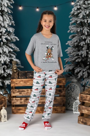 Пижама новогодняя для девочки family look Каникулы-1 серый