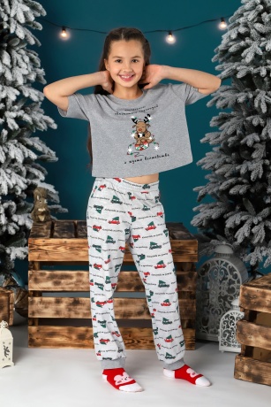 Пижама новогодняя для девочки family look Каникулы-1 серый