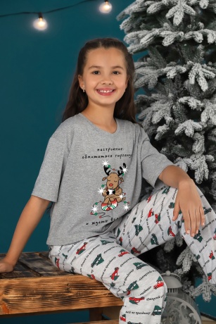 Пижама новогодняя для девочки family look Каникулы-1 серый