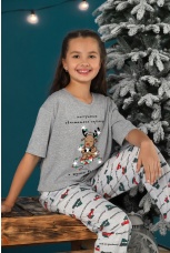 Пижама новогодняя для девочки family look Каникулы-1 серый