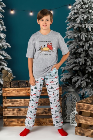 Пижама для мальчика новогодняя family look Каникулы-2 серый