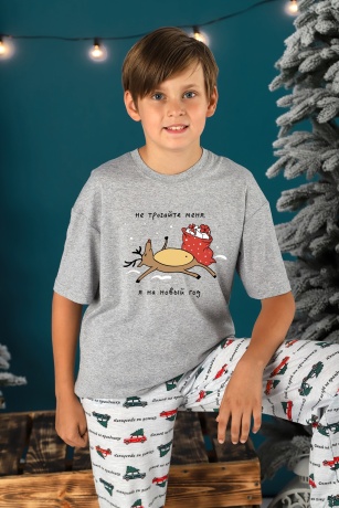 Пижама для мальчика новогодняя family look Каникулы-2 серый