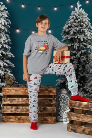 Пижама для мальчика новогодняя family look Каникулы-2 серый