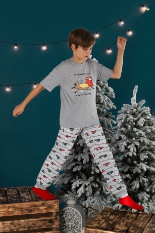 Пижама для мальчика новогодняя family look Каникулы-2 серый