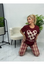 Женская пижама бордовая, брюки в клетку