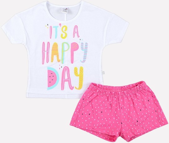 Пижама детская бело-розовая с надписью (шорты и футболка)