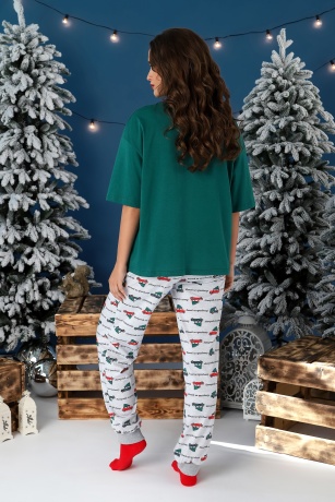 Пижама женская новогодняя family look Каникулы-3 зеленый