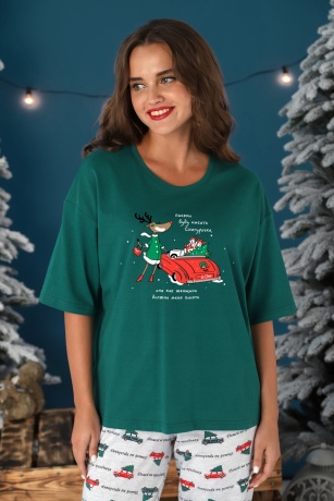 Пижама женская новогодняя family look Каникулы-3 зеленый