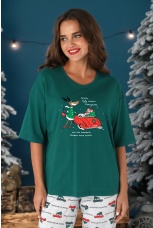Пижама женская новогодняя family look Каникулы-3 зеленый