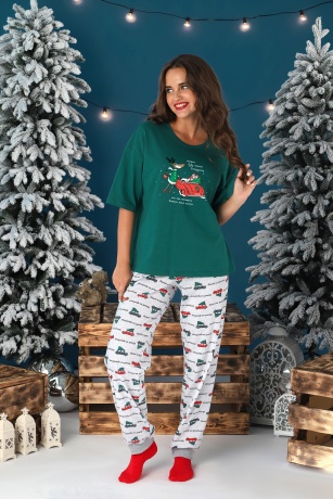 Пижама женская новогодняя family look Каникулы-3 зеленый