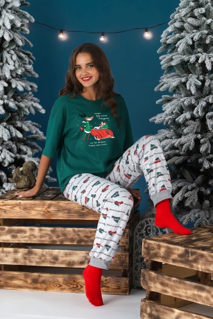 Пижама женская новогодняя family look Каникулы-3 зеленый