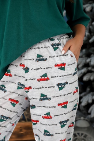 Пижама женская новогодняя family look Каникулы-3 зеленый