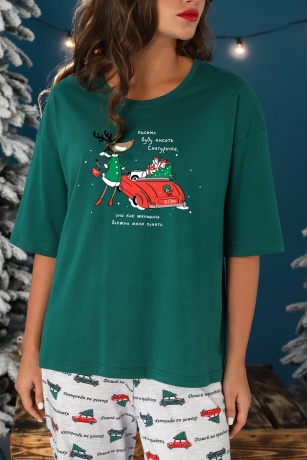 Пижама женская новогодняя family look Каникулы-3 зеленый