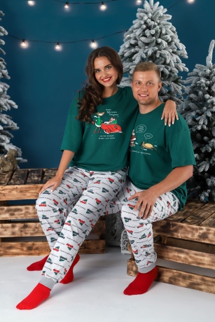 Пижама женская новогодняя family look Каникулы-3 зеленый