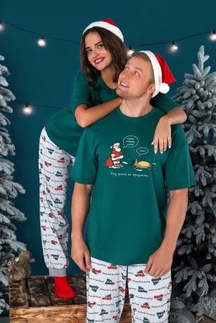 Пижама женская новогодняя family look Каникулы-3 зеленый