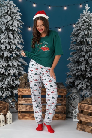 Пижама женская новогодняя family look Каникулы-3 зеленый