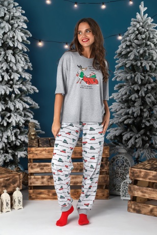 Пижама женская новогодняя family look Каникулы-3 серый