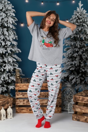 Пижама женская новогодняя family look Каникулы-3 серый