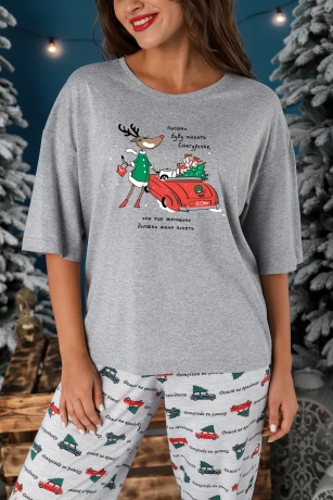 Пижама женская новогодняя family look Каникулы-3 серый