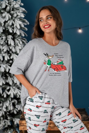 Пижама женская новогодняя family look Каникулы-3 серый