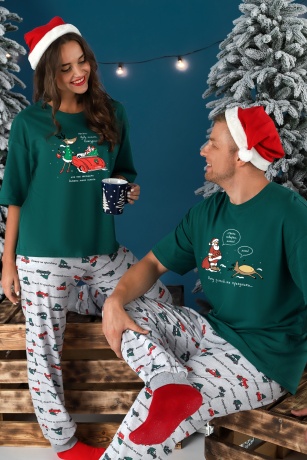 Пижама мужская новогодняя family look Каникулы-4 зеленый