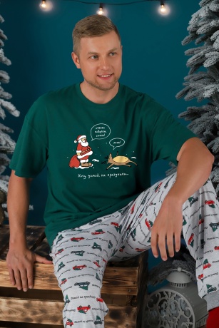 Пижама мужская новогодняя family look Каникулы-4 зеленый