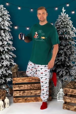Пижама мужская новогодняя family look Каникулы-4 зеленый