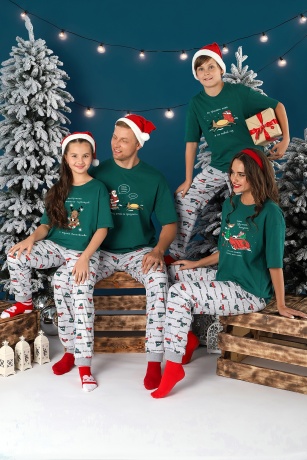 Пижама мужская новогодняя family look Каникулы-4 зеленый