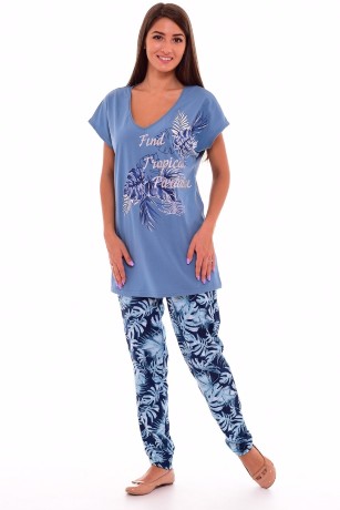 Костюм женский сине-голубой туника и брюки с листочками