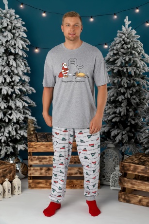 Пижама мужская новогодняя family look Каникулы-4 серый