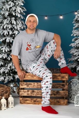 Пижама мужская новогодняя family look Каникулы-4 серый