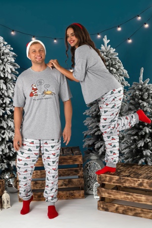 Пижама мужская новогодняя family look Каникулы-4 серый