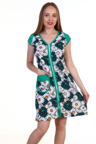 Халат женский зеленый с ромашками на молнии с карманами