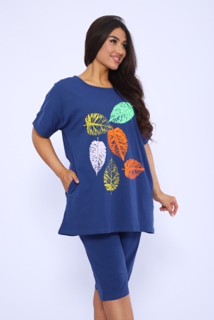 Костюм женский с листочками, индиго