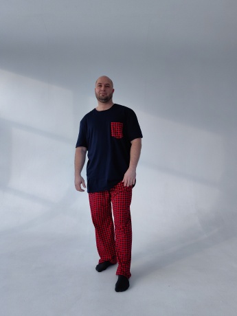 Мужская пижама, брюки в красную клетку, большого размера