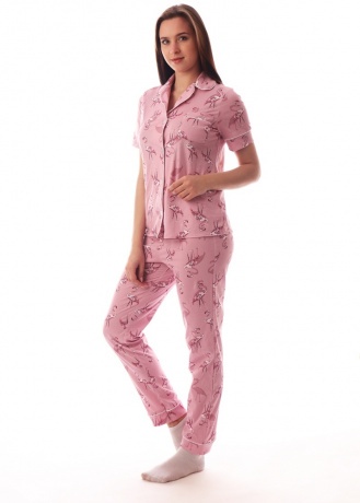 Пижама женская розовая с фламинго (брюки)