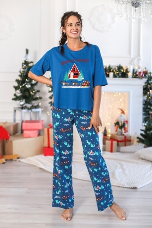 Пижама женская в стиле family look. Новогоднее чудо-3, синий