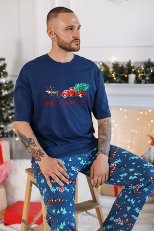 Пижама мужская в стиле family look. Новогоднее чудо-5, синий