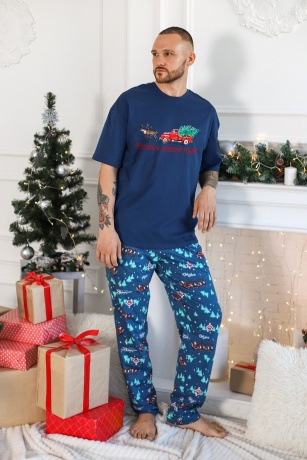 Пижама мужская в стиле family look. Новогоднее чудо-5, синий