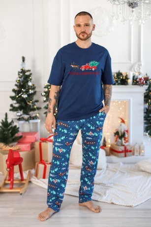Пижама мужская в стиле family look. Новогоднее чудо-5, синий