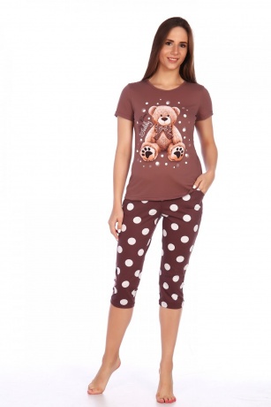 Костюм женский коричневый с медвежонком, бриджи в горох