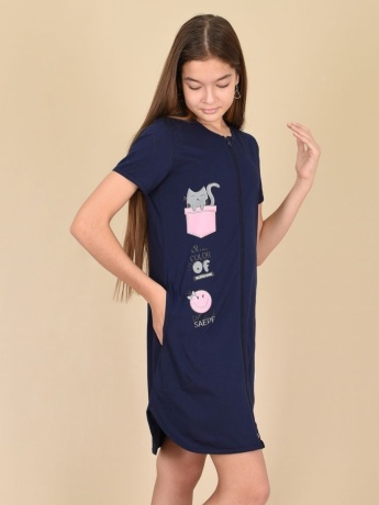 Халат для девочки, темно-синий с котиком